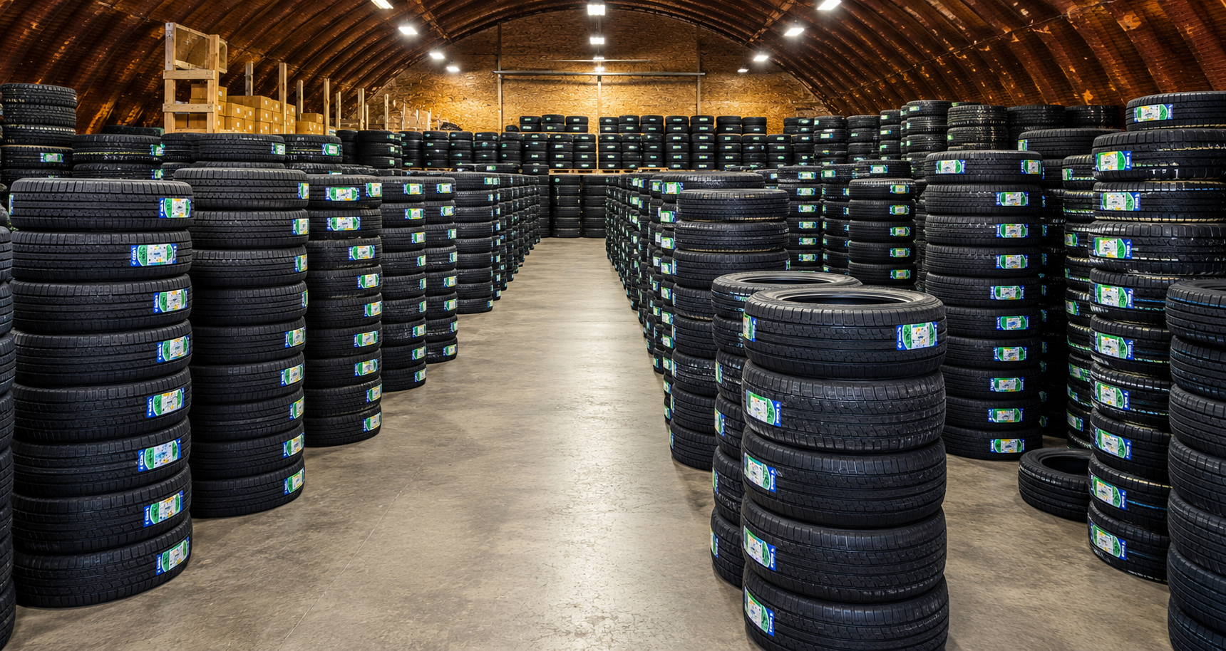 Rows of tire inventory inside the Fast Lane Parts warehouse